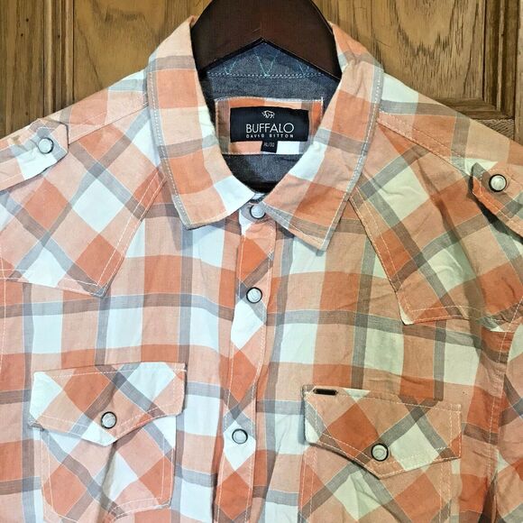 Buffalo David Bitton Western Shirt Men's XL Orange Plaid Pearl Snap Short Sleeve - Picture 1 of 15